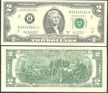 Редкая легендарная банкнота Америки TWO dollars