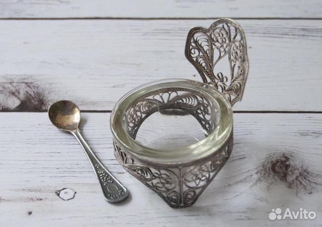 Солонка скань мельхиоровая с ложечкой СССР