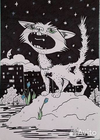 Кошка луна окно графика тушь выставка кошек