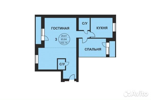 3-к квартира, 94.4 м², 6/9 эт.