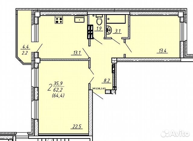 2-к квартира, 64 м², 8/9 эт.