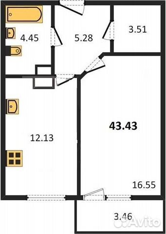 1-к квартира, 43.4 м², 11/15 эт. 1-к квартира, 43.4 м², 11/15 эт.