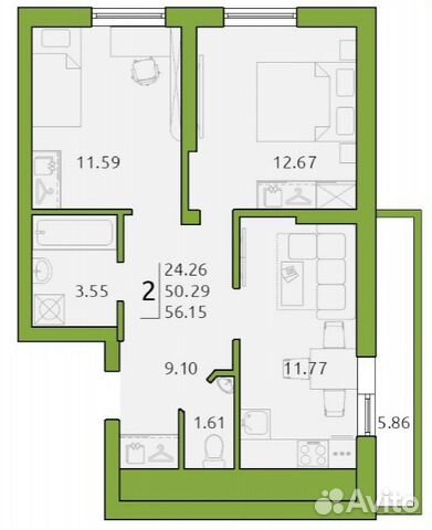2-к квартира, 56.2 м², 11/19 эт.