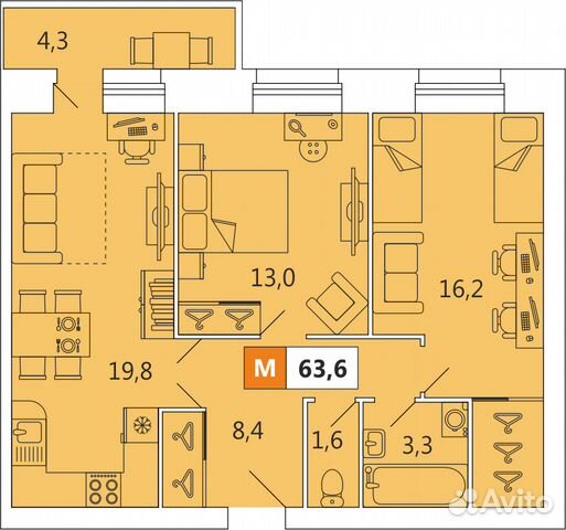 3-к квартира, 64 м², 4/12 эт.