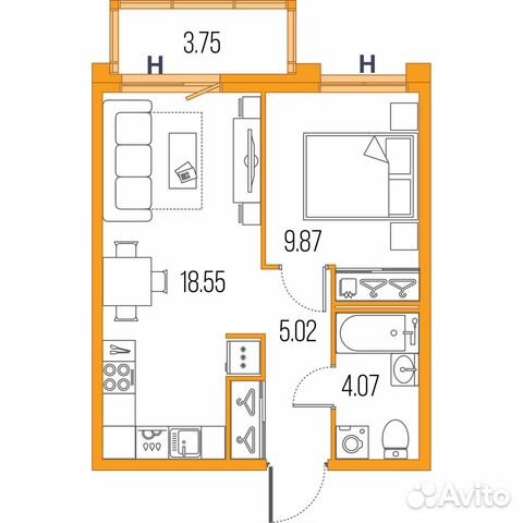 1-к квартира, 37.5 м², 5/22 эт. 1-к квартира, 37.5 м², 5/22 эт.