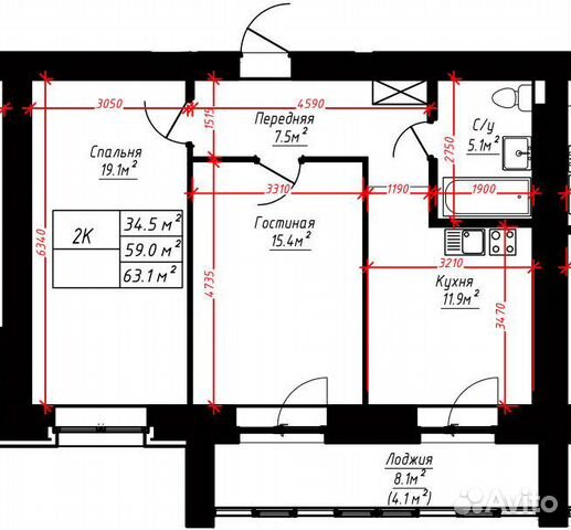 2-к квартира, 63.1 м², 17/17 эт. 2-к квартира, 63.1 м², 17/17 эт.