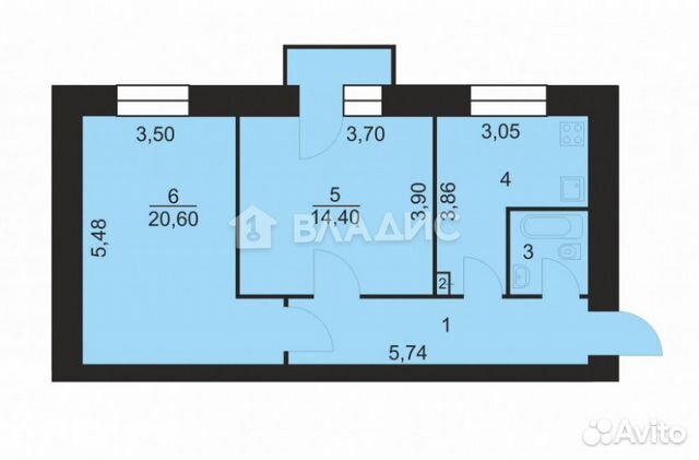 2-к квартира, 54.6 м², 3/3 эт. 2-к квартира, 54.6 м², 3/3 эт.