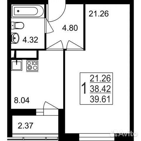 1-к квартира, 39.6 м², 2/8 эт.