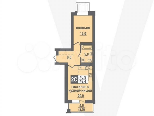 2-к. квартира, 49,4 м², 1/10 эт.