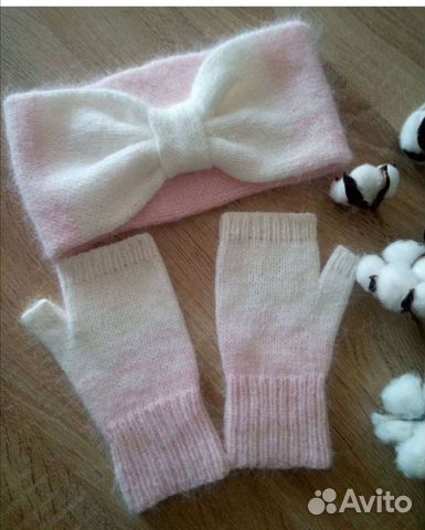 Повязка на голову женская, митенки из пуха норки