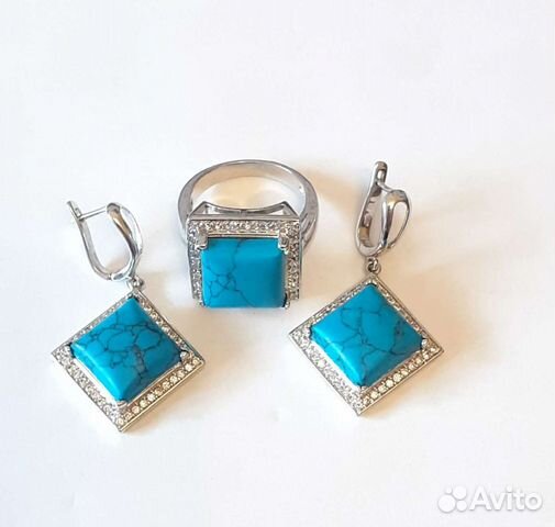 Серьги и кольцо. Серебро 925 пр. Бирюза