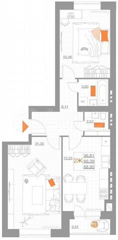 2-к. квартира, 68,9 м², 3/5 эт.