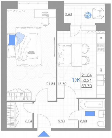1-к. квартира, 53,7 м², 2/5 эт.