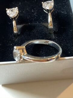 Комплект серебро серьги и кольцо с сердечком