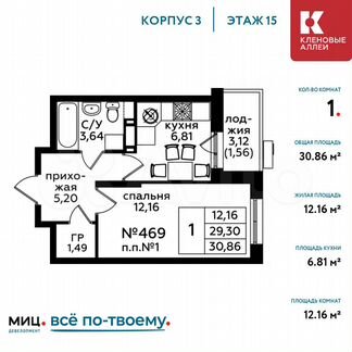 1-к квартира, 30.9 м², 15/17 эт.