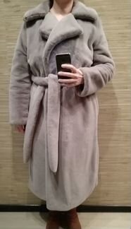 Шуба из экомеха серо-голубая