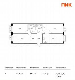 3-к квартира, 86.4 м², 5/17 эт.