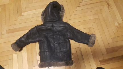 Дубленка детская коричневая с капюшоном