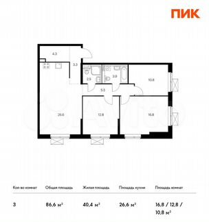 3-к квартира, 86.6 м², 33/33 эт.