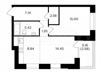 2-к квартира, 58 м², 5/19 эт.