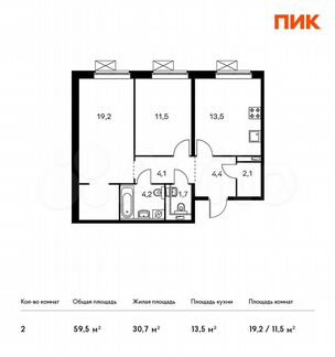 2-к квартира, 59.5 м², 2/16 эт.